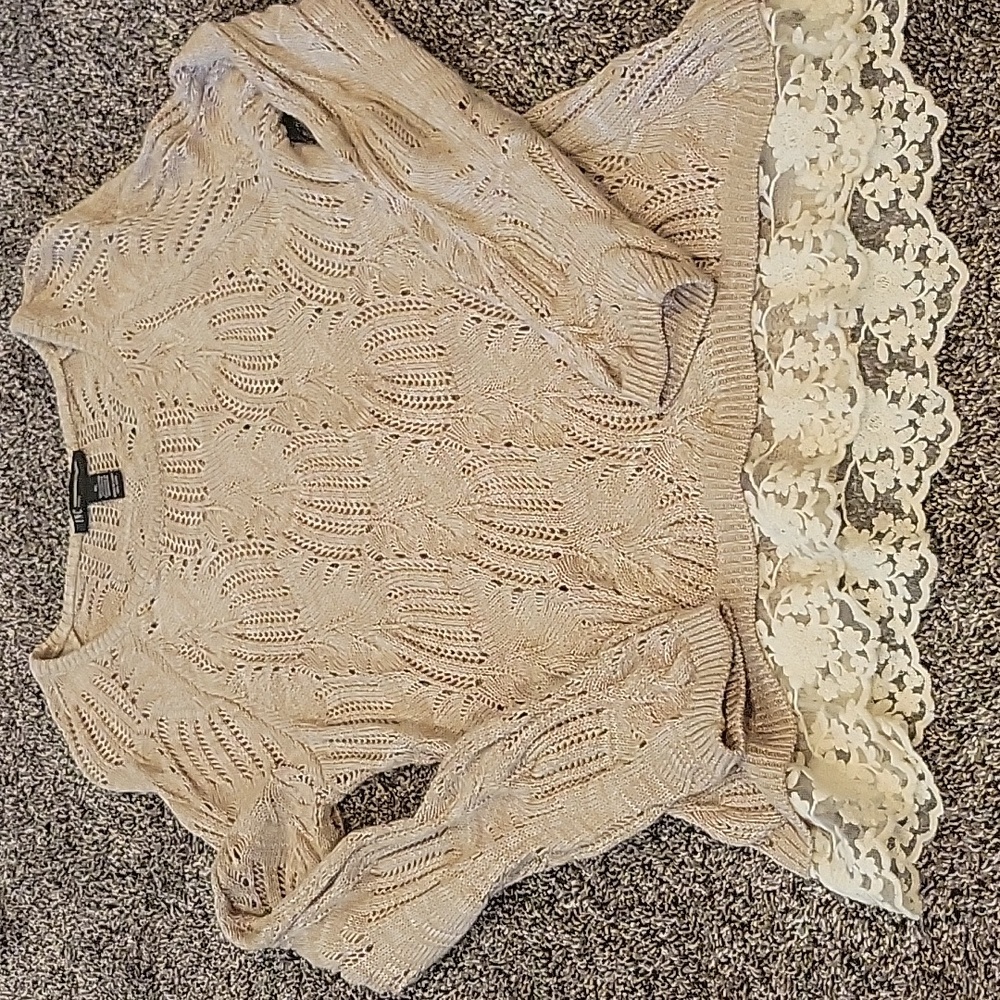INC tan knit sweater with lace trim